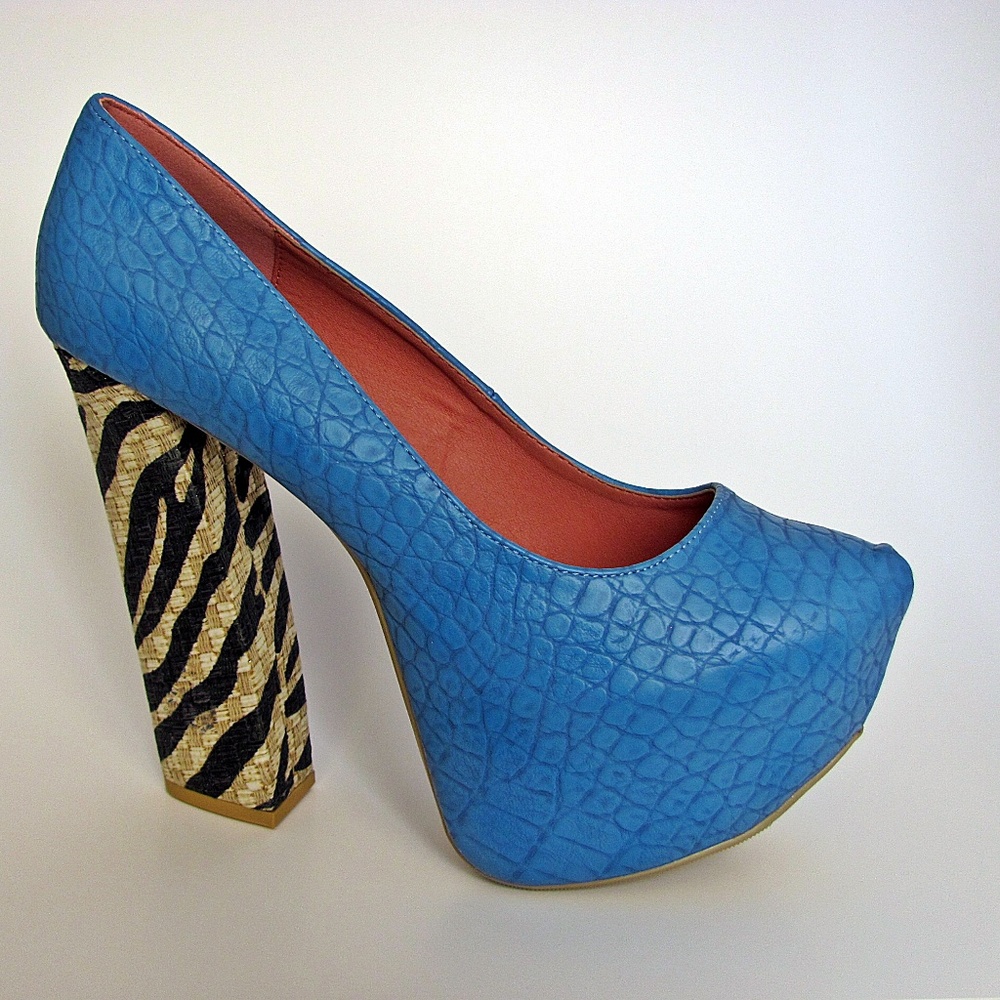 blue zebra print high heel pumps, 5 inch heels